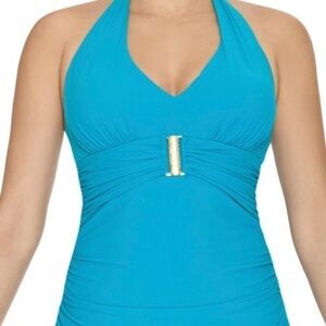 NWT NEW SPANX SWIMWEAR BELTED HALTER TANKINI TOP 8